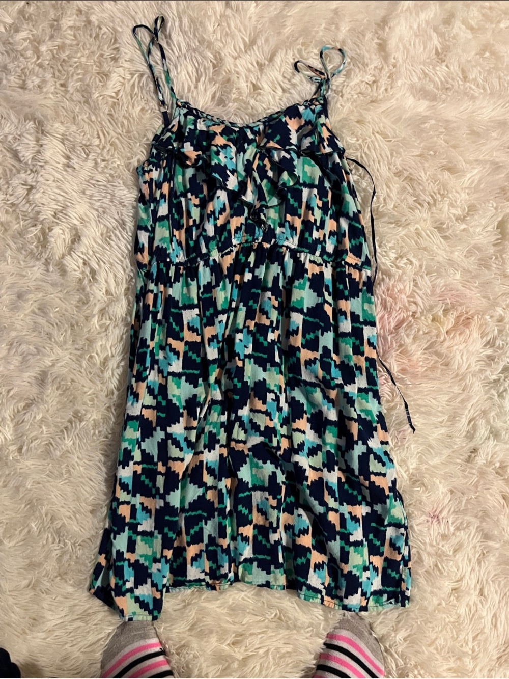 Sleeveless Printed A-Line Summer Dress - Teal, Navy, Cream